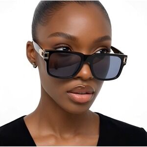 Black Women Square Sunglasses Gold Temple Detail Dark Grey Lens Fashion 2026 New